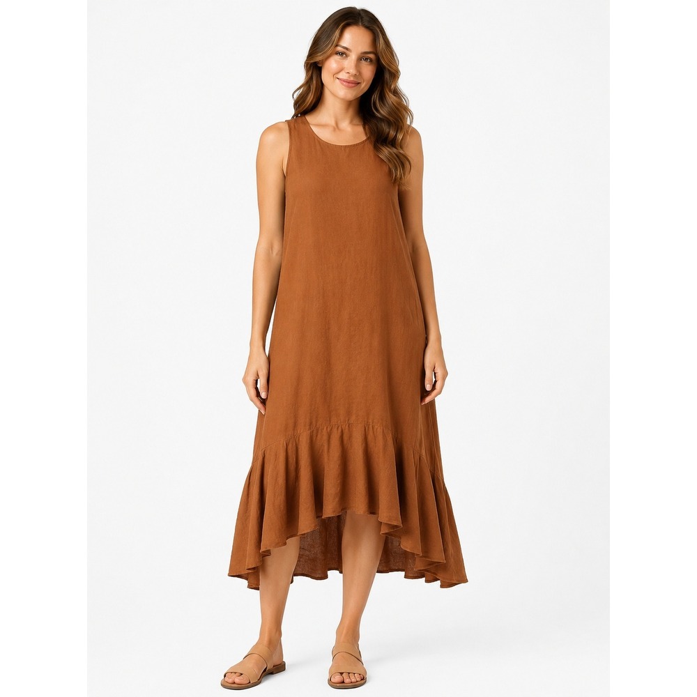 Wayan Linen Dress Small Brown Rust Ruffle Hem Lagenlook Coastal Minimal Earthy